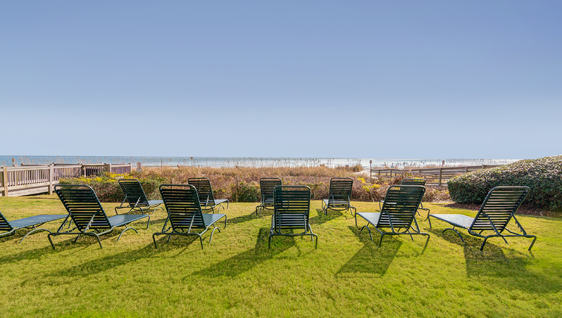 A row of lounge chairs on a grassy area overlooking a beach.